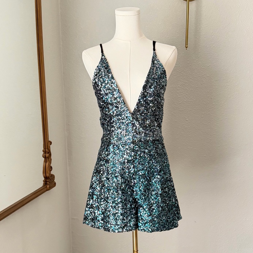Modern Slate & Willow Sequin Romper S Teal Blue Mermaidcore Party Night Out Vibe